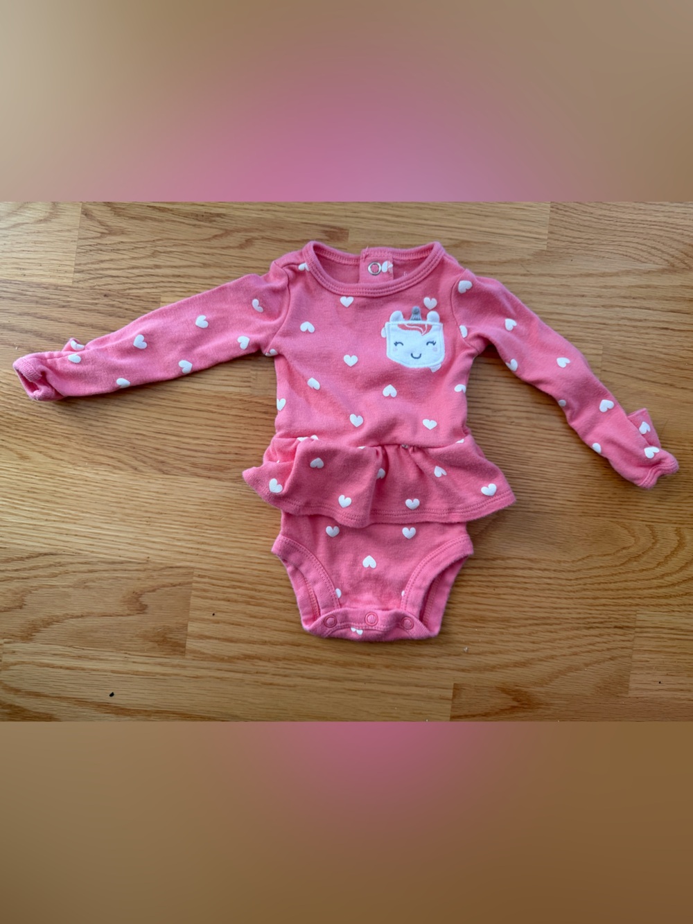 Pink Heart-Print Long Sleeve Baby One-Piece with Ruffle Skirt